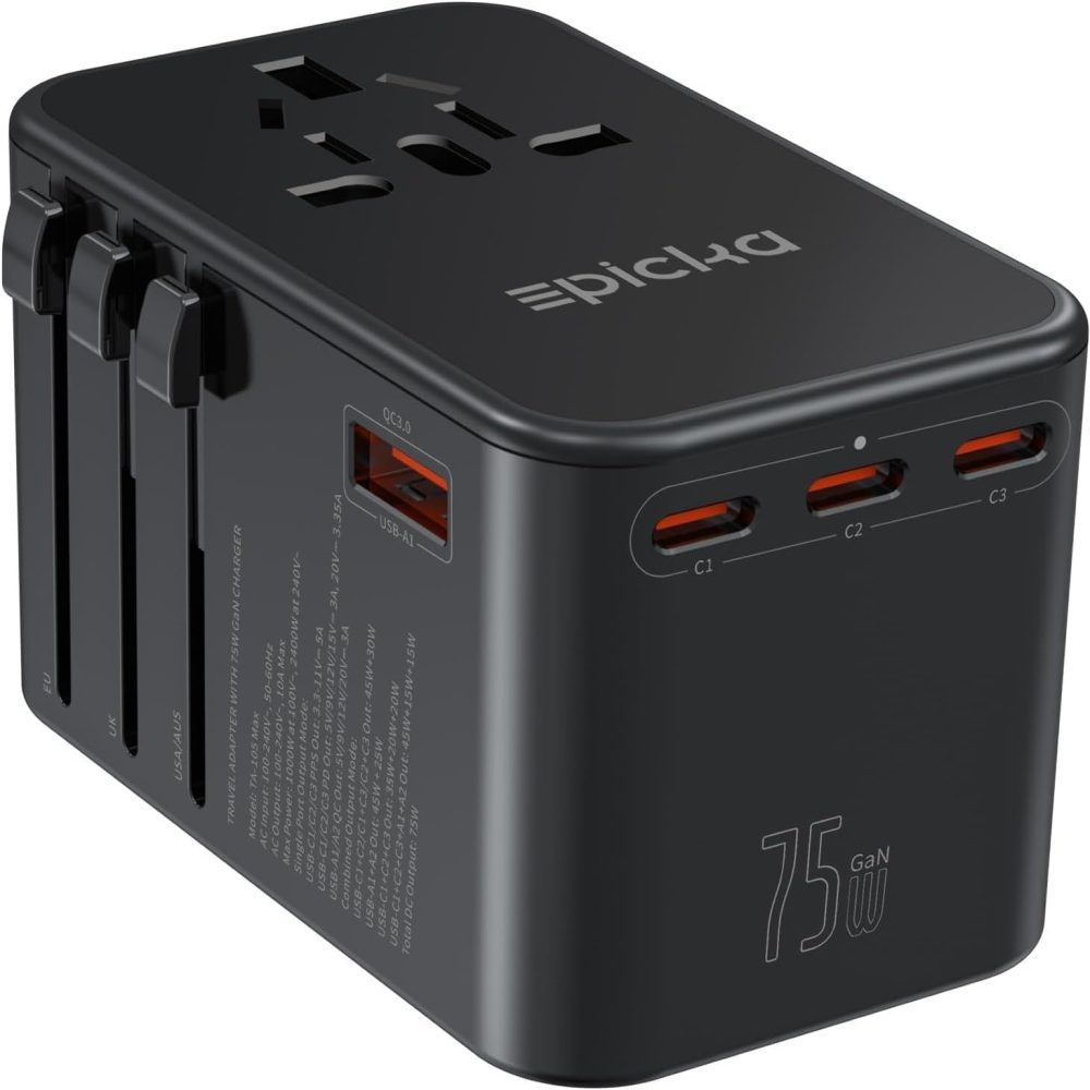 EPICKA Universal Travel Adapter, GaN 75W International Plug Adapter with 3 USB-C PD Fast Charging & 2 USB-A Quick Charging Adaptor All-in-one Wall Charger for USA EU UK AUS (TA-105 Max, Black) - Image 9