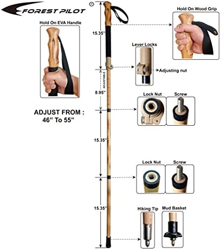 Trekking Poles- 1-pc Pack - Adjustable Hiking or Walking Stick –Strong, Natural Beech Wood - Quick Adjust Flip-Lock - Beech Wood Grip, Leather Strap - Image 4